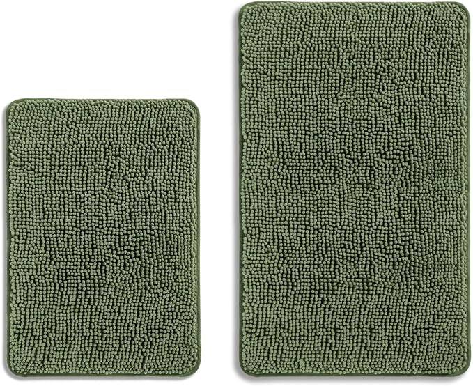 Loden Green Bathroom Rugs Sets 2 Piece – Absorbent and Washable Bath Mat, Non-Slip, Thick Soft Chenille Bath Rugs for Bathroom Floor, Shower, Sink - 17" x 24"+20" x 32"