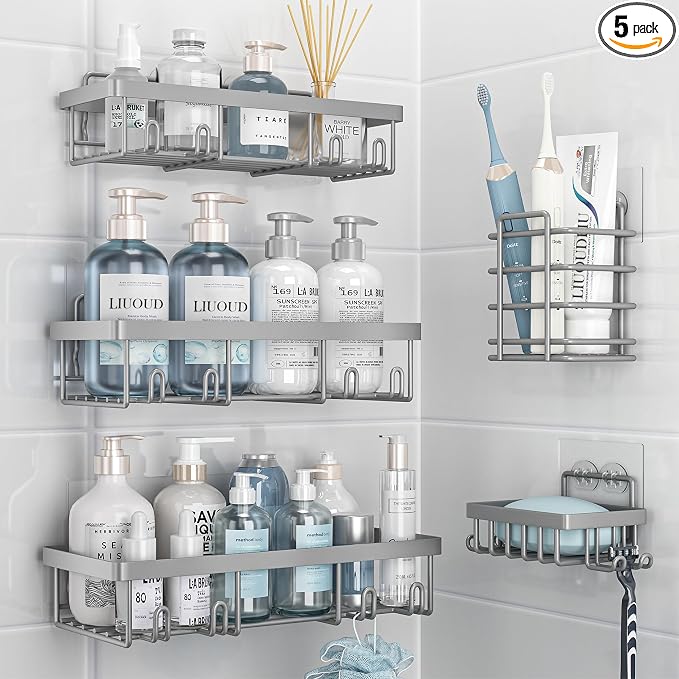 Liuoud 5 Pack Shower Caddy for Inside shower, Grey Bathroom Storage Decor | Large Rustproof Stainless Steel Organizer with Strong Adhesive, No Drilling Wall Mounted Shelves, Bathroom Accessory Set