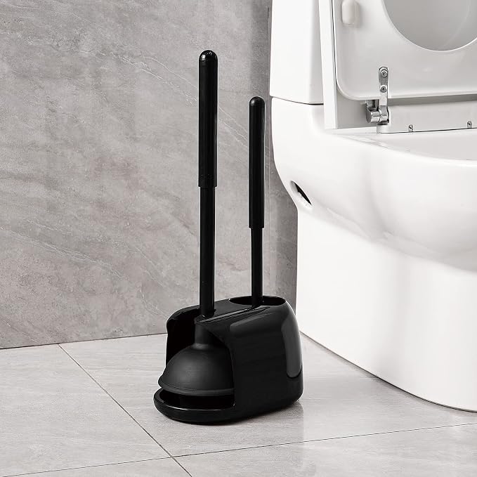 Eyliden Toilet Plunger and Brush Set, 2-in-1 Compact Holder, Black | Unclogs Toilets, Deep Cleans Bowls, Nylon Bristles, Rubber Cup, Durable Plastic Caddy, Space-Saver, Bathroom Cleaning Tools