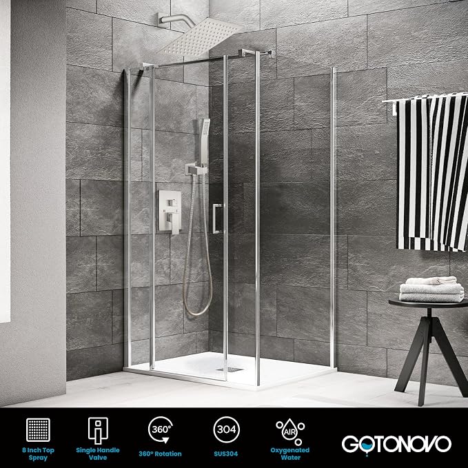 gotonovo Shower Faucet Set with Handheld Spray Brushed Nickel,8'' Head | SUS304 Rainfall Shower Head and Handle Set System Fixture,Pressure Balance Valve Trim Kit,Single Handle,Wall Mount,All Metal