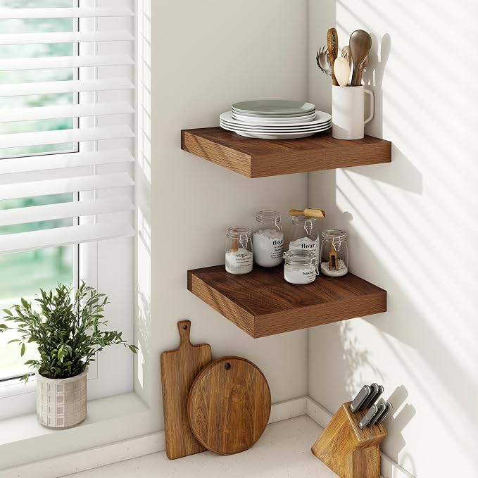 Vivelove Square Floating Shelves 12x12” Set of 2, Walnut | Easy Install with Hardware, Invisible Brackets, No Sagging, Living Room Display Shelf, 2" Thick，Engineered Wood