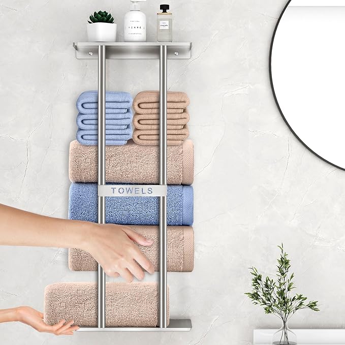 STWWO Bathroom Towel Storage for Bathroom, Wall Towel Rack for Rolled Towels, 30 inch Towel Holder Wall Mounted with Metal Shelf Can Holds 6 Large Towels, Brushed Nickel