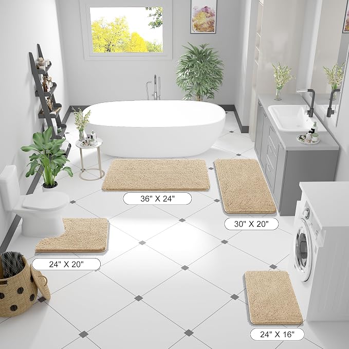 OLANLY Bathroom Rugs 34x21, Extra Soft Absorbent Chenille Bath Rugs | Beige, Quick-Drying Rubber Backing, Machine Washable Bath Mat for Bathroom Floor, Tub and Shower, Home Decor Accessories