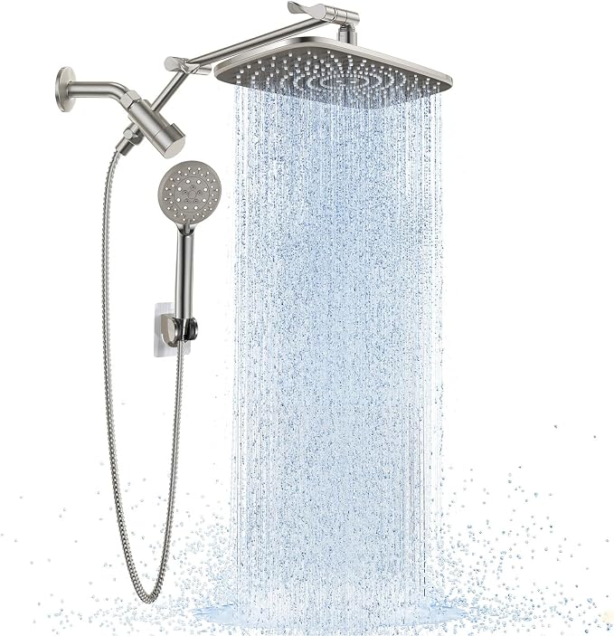 Veken Brushed Nickel 11.8" Shower Head with Handheld,Stain Resistant Finish | Handheld Shower Head with Multi Spray Modes,Rainfall Combo with 15" Metal Extension Arm,Detachable Dual Shower,Regaderas Para