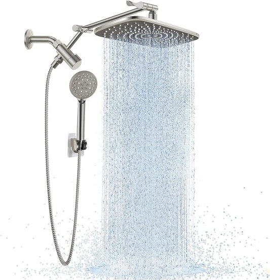 Veken Brushed Nickel 11.8" Shower Head with Handheld,Stain Resistant Finish | Handheld Shower Head with Multi Spray Modes,Rainfall Combo with 15" Metal Extension Arm,Detachable Dual Shower,Regaderas Para