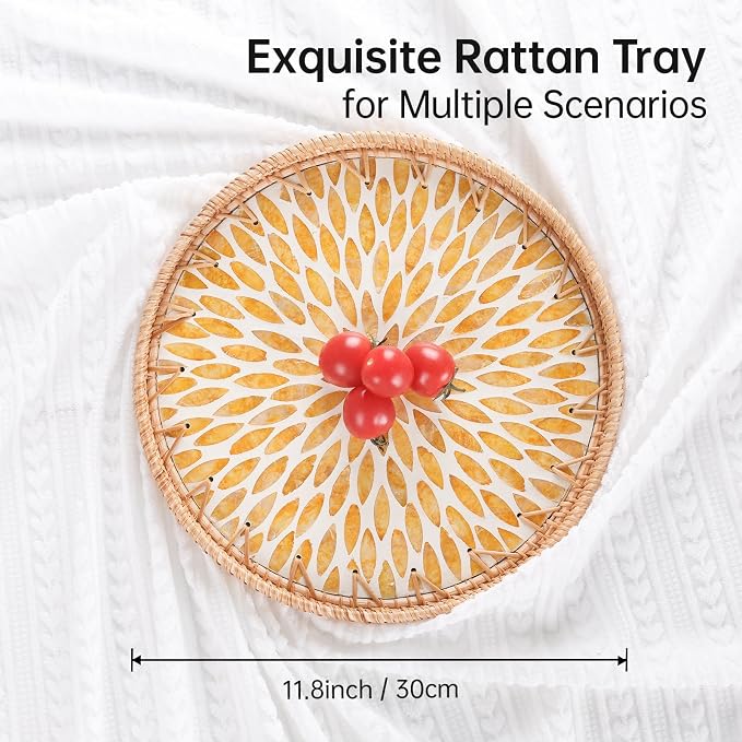 Round Rattan Tray with Mother of Pearl Inlay, Rattan Serving Tray for Coffee, Bread, Fruits, Decorative Wicker Tray for Table Decor, Home Decor, Kitchen Island Decor (Amber Leaf, 11.8")