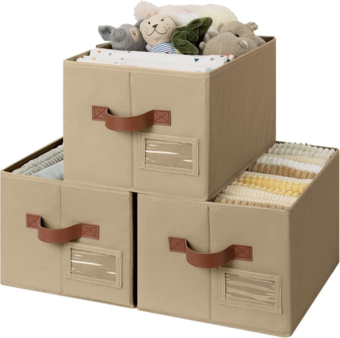 GRANNY SAYS Closet Storage Bins with Label, Brown, Medium, 3-Pack | Closet Organizer Bins, Fabric Storage Basket with PU Handles, Clothing Storage Organizers