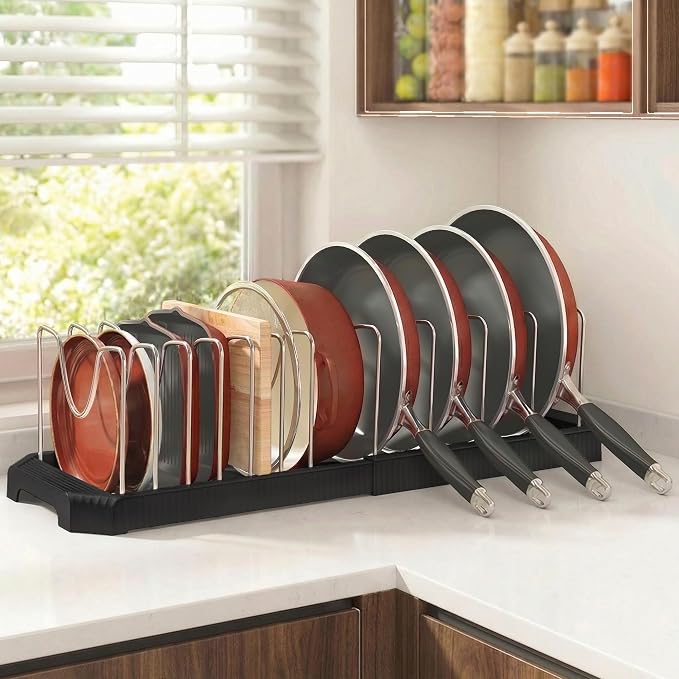 Expandable Pan Organizers Inside Cabinet with 12 Dividers Black | Extends 12.9-21.9", Holds cookie sheets, cutting boards, pot lids and pans, iron dividers, plastic base, under cabinet rack