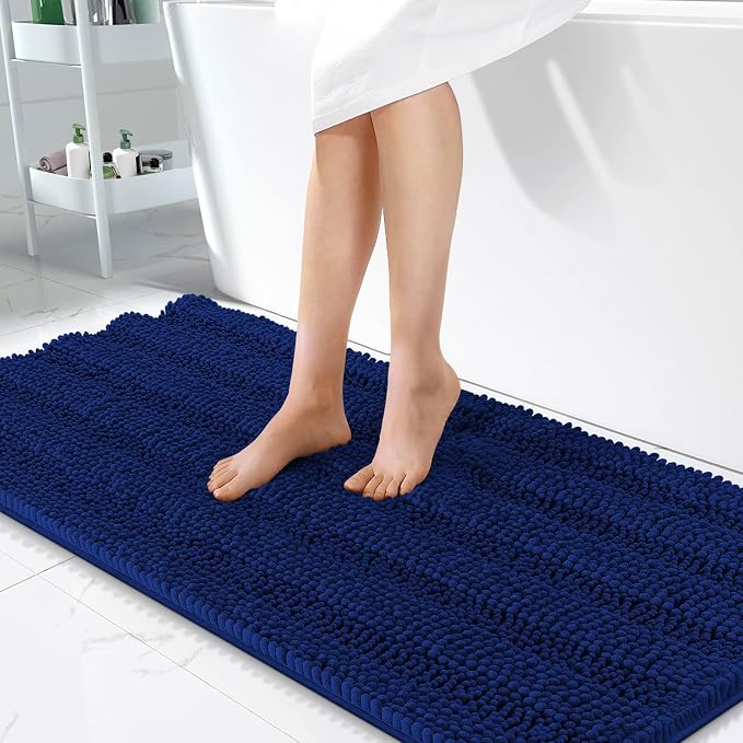 OLANLY Thick Bathroom Runner Rugs 47x24, Soft Chenille Long Bath Rugs, Navy | Absorbent Striped, Rubber Backing, Machine Wash, Bath Mats for Bathroom Floor, Tub and Shower, Home Decor Accessories