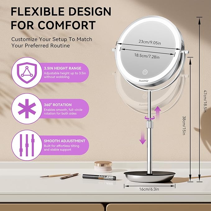 Auxmir 9" 1X/30X Lighted Makeup Mirror, Rechargeable Maginfying Mirror | 3 dimmable colors, 14.9-18.5 in adjustable height, 3000mAh, 360°rotation, stable storage base, 30X magnification, Chrome