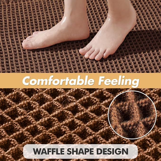 MIULEE Set of 2 Waffle Bathroom Rugs Boho Bath Mat Mocha 17"x24"+17"x48" | Non Slip, Super Absorbent, Washable, Ultra Soft, Rubber Backed, Small Bath Rug and Bathroom Runner for Floor Tub Shower