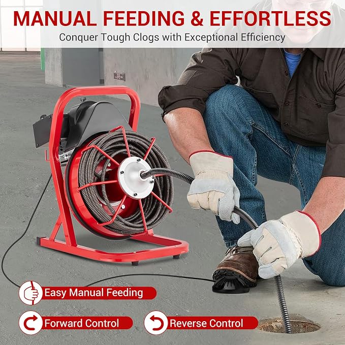 75FT x 1/2 Inch Drain Cleaner Machine, Drain Auger Manual Feed, 370W Electric Drain Snake Cleaning Machine with 4 Cutters & Air-Activated Foot Switch for 2" to 4" Pipes