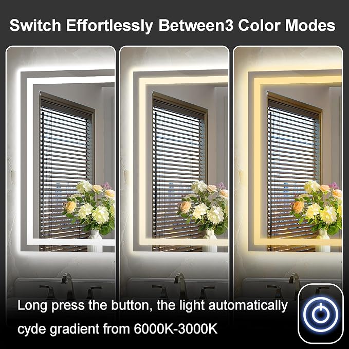 LED Bathroom Mirror 55"x36" Inch Lighted Bathroom Vanity Mirror with Lights, Large, Brighter Frontlit and Backlit Light up Anti Fog Mirror, Tempered Glass, 3-Color Dimmable, Memory Function