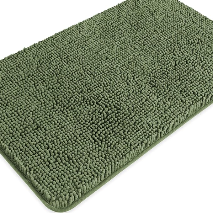 Loden Green Bathroom Rugs – Absorbent and Washable Bath Mat, Non-Slip, Thick Soft Chenille Bath Rugs for Bathroom Floor, Shower, Sink - 20" x 32"
