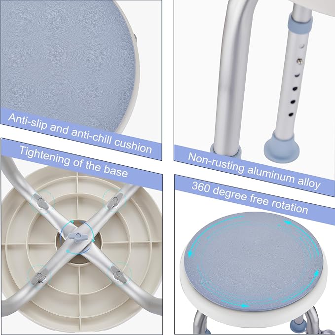 Shower Stool Chair for Inside Shower,360° Swivel,Light Blue,300LBS | 6-Level Adjustable Height Bath Chair,Shower Seat Stool for Bathroom,Upgrade Small Corner Stool for Seniors