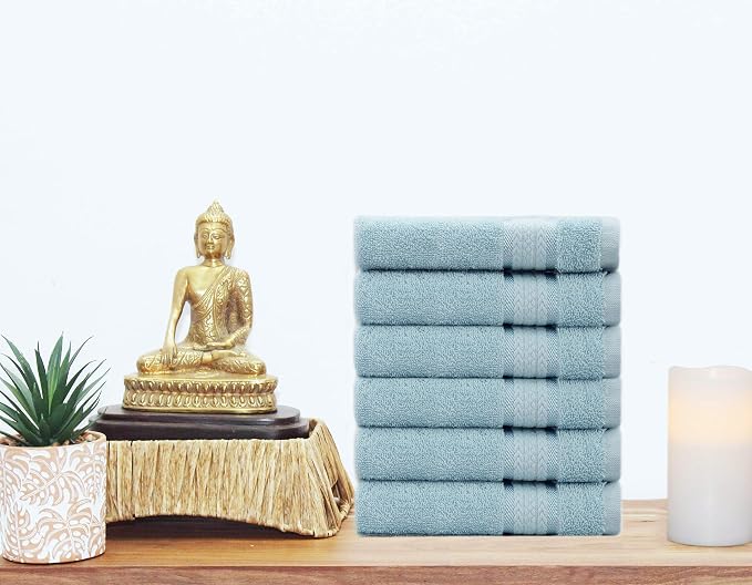 COTTON CRAFT Ultra Soft Hand Towels - 6 Pack 100% Ringspun Cotton Towel Set | Large 16x28 Light Blue Hand Towels with a Luxurious Rayon Border - Plush Absorbent 580 GSM Easy Care - Ideal for Everyday use