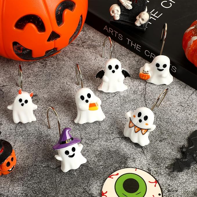 Halloween Shower Curtain Hooks 12 Pcs Ghost Pumpkin Decor Set | Resin Metal Standard Size, Smooth Gliding Rustproof, Bat Skull Spider Cat Designs, Bathroom Festive Home Accents