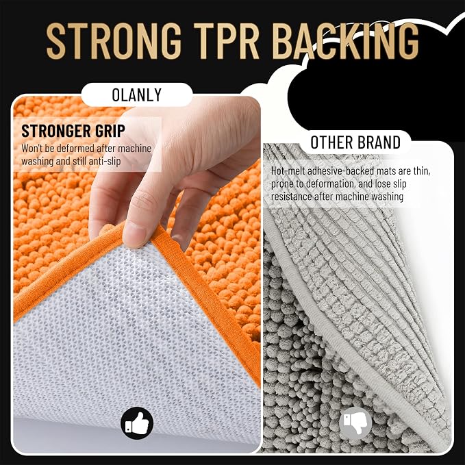 OLANLY Thick Bathroom Rugs 36x24, Soft Chenille Striped Bath Rugs, Orange | Rubber Backing, Machine Wash, Extra Absorbent Bath Mats for Bathroom Floor, Tub and Shower, Home Decor Accessories