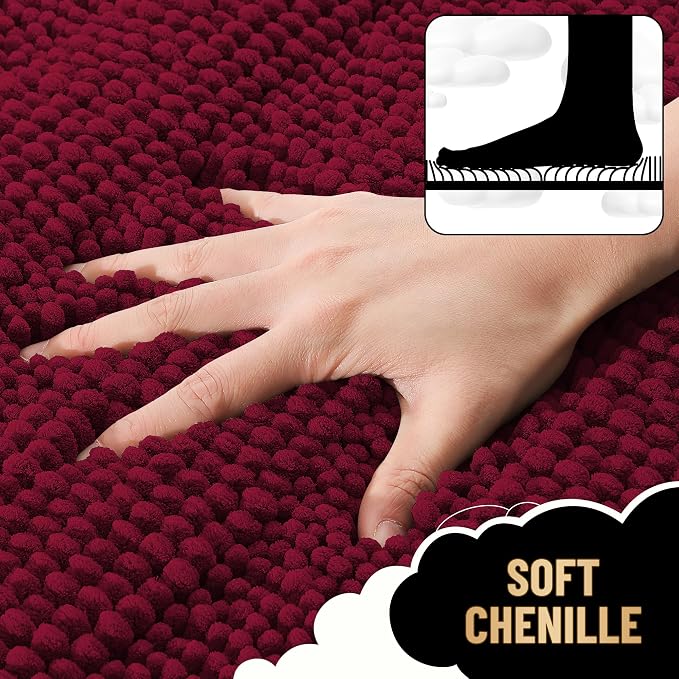 OLANLY Thick Bathroom Runner Rugs 47x24, Soft Chenille Bath Rugs, Burgundy | Absorbent Striped, Rubber Backing, Machine Wash, Long Bath Mats for Bathroom Floor, Tub and Shower, Home Decor Accessories