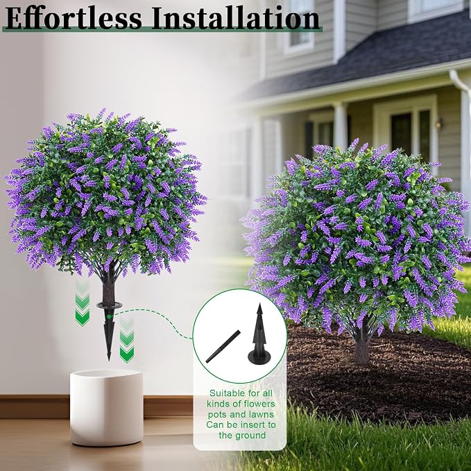 Artificial Boxwood Topiary Ball Lavender, Set of 2 UV Resistant | Fake Shrubs Bushes with Ground Spike, Faux Greenery Flower, Evergreen Fake Plants for Outdoor Indoor Front Porch Garden