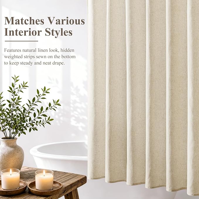 Jowels Beige Linen Fabric Shower Curtain for Bathroom, 72x80 | Long Size, Natural Linen Shower Curtains Set, Waterproof Washable Weighted Textile, Metal Hooks, Hotel Boho Farmhouse Decor