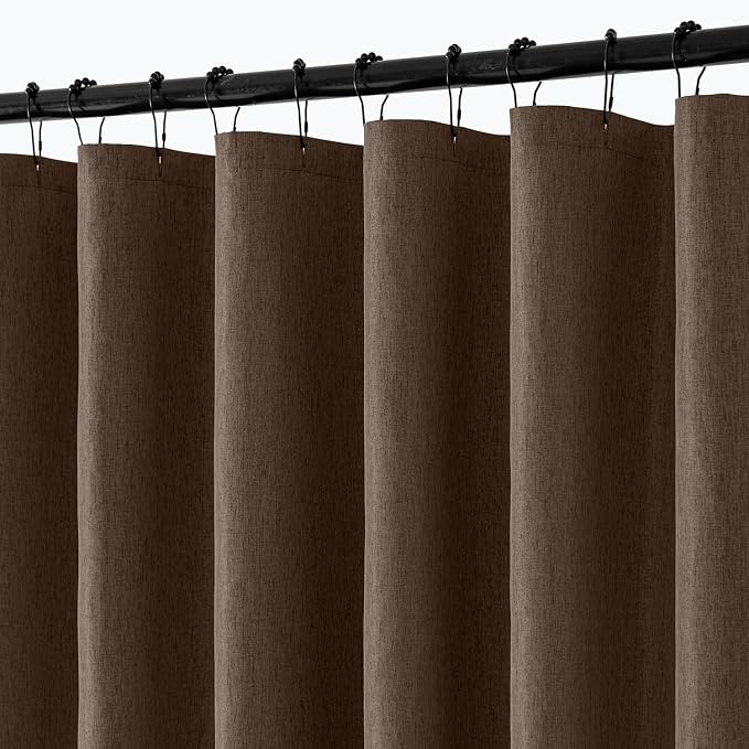ANRODUO Brown Linen Textured Fabric Shower Curtain Set - W72xL84 | Farmhouse Shower Curtain with 12 Metal Hooks, Waterproof Heavy Duty, Button Hole Design, Machine Washable for Bathroom