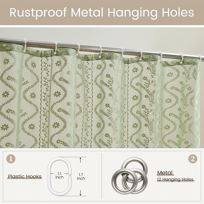 WAZZIO Sage Green Lace Shower Curtain - Vintage Pretty Floral Sheer Shower Curtains, Elegant Decorative Tassel Bath Curtains for Bathroom, 72 x 90 Inch, 1 Piece