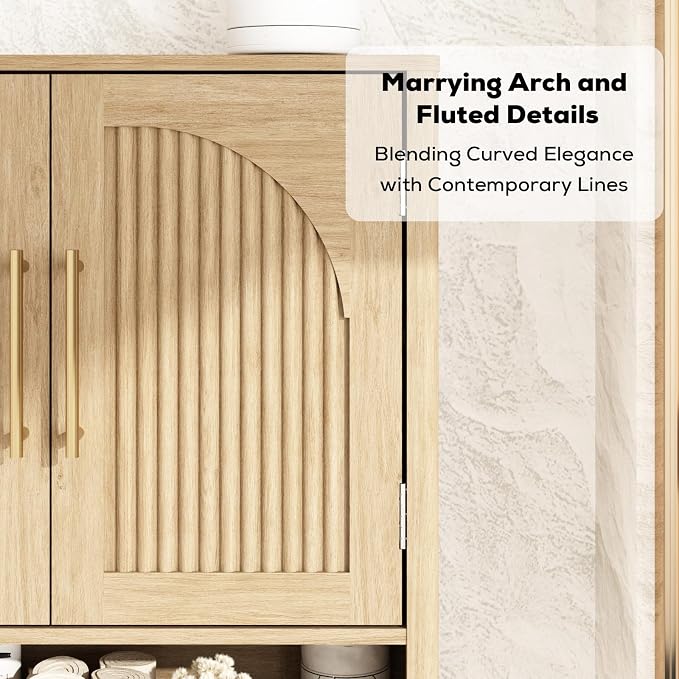 RUSTOWN Fluted Bathroom Wall Cabinet with Arched Doors & Rounded Edges | Over The Toilet Storage Cabinet with Adjustable Shelf, Mid Century Modern Medicine Cabinets, Laundry & Kitchen Shelving Unit