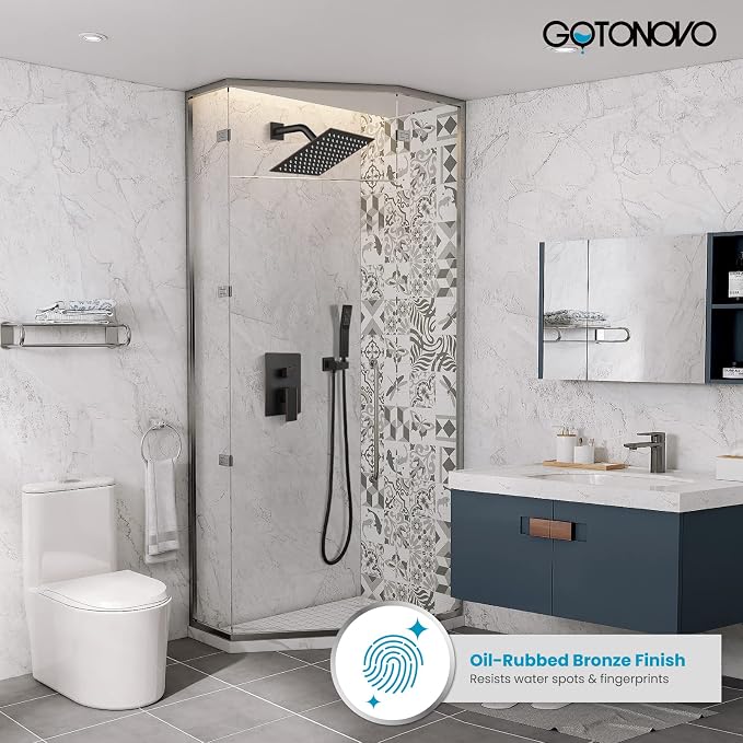 gotonovo Shower Faucet Set with Handheld Spray Oil Rubbed Bronze,8'' Head | SUS304 Rainfall Shower Head and Handle Set System Fixture,Pressure Balance Valve Trim Kit,Single Handle,Wall Mount,All Metal