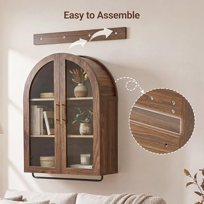 Seang Bathroom Arched Wall Cabinet,23.6" Modern Medicine Cabinet with Towel Bar and Adjustable Shelf,Over The Toilet Wall Storage Cabinet for Laundry Room,Living Room,Kitchen,Walnut