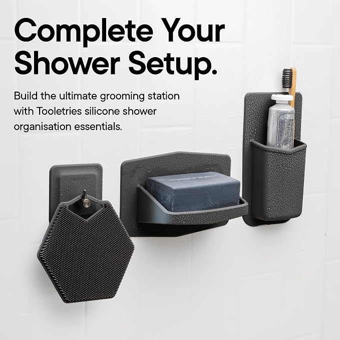 TOOLETRIES The Benjamin Soap Holder for Shower - Charcoal | Draining silicone soap holder with a reusable adhesive mount to keep soap dry and organised.