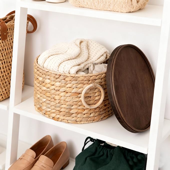 Water Hyacinth Storage Basket with Wooden Lid & Handles, 12.0" D x 6.7" H Handwoven Round Basket for Living room,Bathroom - Decorative Organizer for Home (Large)