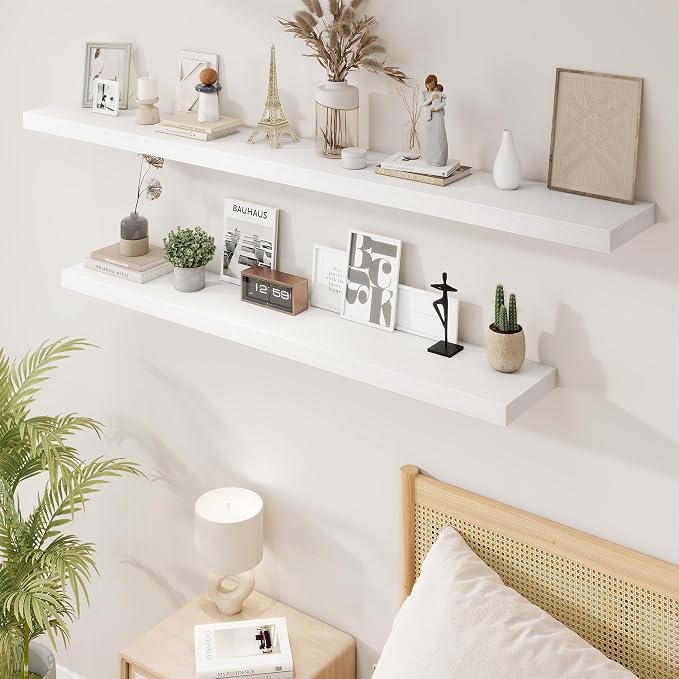 Marsmiles 72in Floating Shelves for Wall, 72" W x 9.25" D x 1.5" H, White | Long Wall Mounted Engineered Wood Shelves for Wall with Invisible Brackets for Living Room, Bedroom, Bathroom, Kitchen
