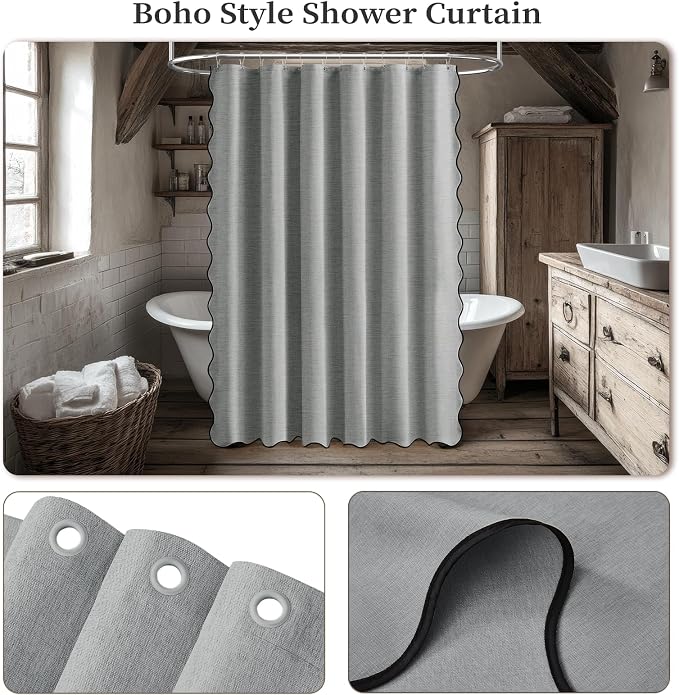 72x78 Boho Scalloped Linen Textured Cloth Shower Curtain, Grey/Gray | Long Size, 230GSM Waterproof Polyester, Heavy Duty Fabric, 12 Plastic Hooks, Elegant Modern Farmhouse Style, Machine Washable