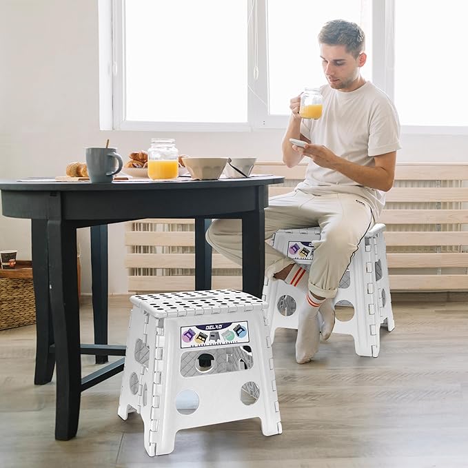 Delxo Folding Step Stool 13 Inch,300 Lbs Step Stool for Adults White | Foldable Step Stool 13",Non-Slip Foot Stools with Handle,Lightweight Collapsible stools for Kitchen,Bathroom,Bedroom,Garden