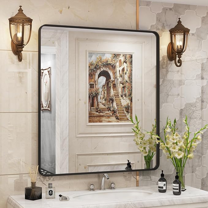 32x36 Inch Black Metal Framed Bathrrom Mirror for Wall | Rounded Rectangle, Matte Black Bathroom Vanity Mirror, Anti-Rust, Tempered Glass, Hangs Horizontally or Vertically