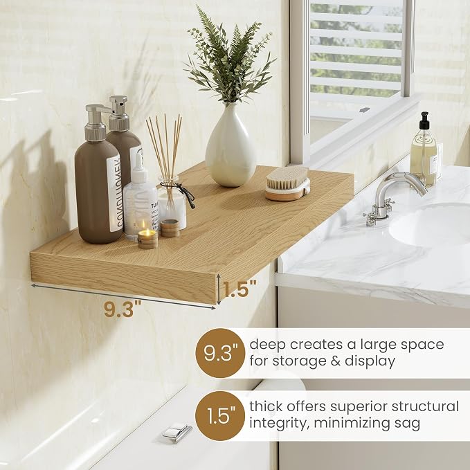 Fun Memories 72 Inch Long Floating Shelves for Wall, 72x9.3 Large Floating Shelf for Bedroom, Kitchen, Bathroom, Wall Mounted Rustic Wood Shelves with Invisible Bracket for Books, Decor, Oak