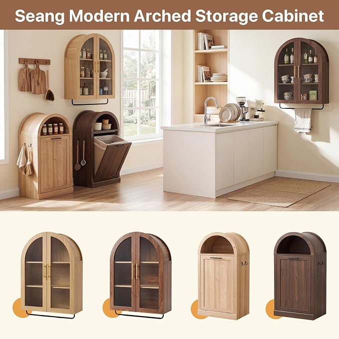Seang Bathroom Arched Wall Cabinet,23.6" Modern Medicine Cabinet with Towel Bar and Adjustable Shelf,Over The Toilet Wall Storage Cabinet for Laundry Room,Living Room,Kitchen,Natural