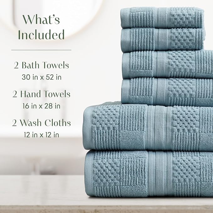 100% Cotton Bath Towel Set | 6-Piece Set | Textured | Blue | Luxury Geometric Design | Absorbent & Quick-Dry Bathroom Towels | Textured and Durable Cotton Towels for Bathroom | OEKO-TEX