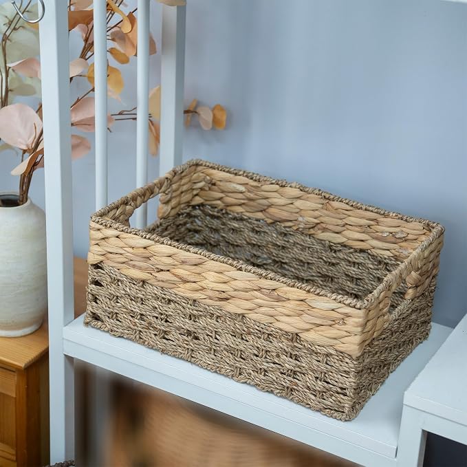 Handmade Water Hyacinth Storage Basket, Woven Basket Organizer with Inner Handles for Home & Office Decor (Large)