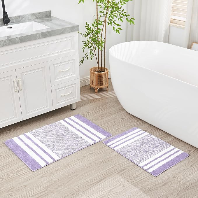 CozeCube Purple Striped 24"x16" Non Slip Washable Bath Mat | For Bathroom, Fluffy Absorbent Microfiber Bath Mats Machine Wash, Stylish Small Aesthetic Bathroom Rugs