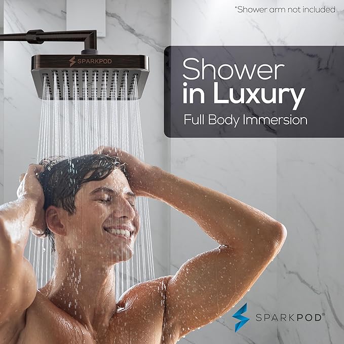 SparkPod Rain Shower Head, 6 Inch Square, Vintage Oil-Rubbed Bronze Finish | High Pressure Shower Heads, 90 Nozzles, Adjustable Showerhead, No Tools Needed, Universal Connection