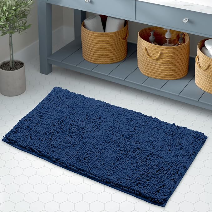 LuxUrux Bath Mat, Extra-Soft Plush Non-Slip Bathroom Rug, Luxury Chenille Microfiber Material, Super Absorbent Shaggy Bath Rug. Machine Wash & Dry (17 x 24 inches, Blue)
