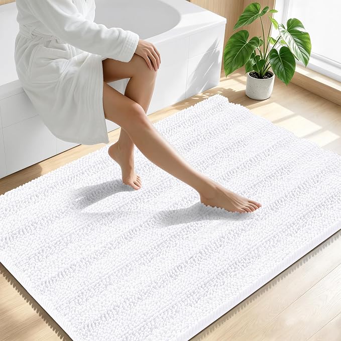 Smiry Thick Chenille Large Bathroom Runner Rugs 47x32, Soft Bath Mat, White | Quick‑Dry & Machine Washable, Non‑Slip Bath Carpet, Striped Bath Rugs for Tub & Shower, Modern Home Decor Accessories
