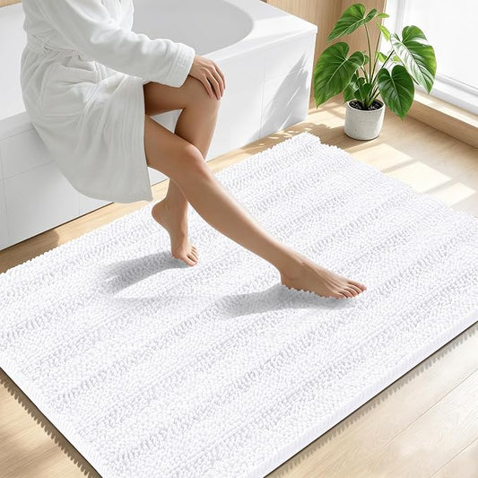 Smiry Thick Chenille Large Bathroom Runner Rugs 44x32, Soft Bath Mat, White | Quick‑Dry & Machine Washable, Non‑Slip Bath Carpet, Striped Bath Rugs for Tub & Shower, Modern Home Decor Accessories