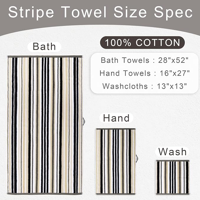 VOOVA & MOVAS Bath Towels 4 Pack, 100% Cotton, 28x52 in, Black Striped | Perfect for Daily Shower Use, Lightweight, Super Soft, Highly Absorbent, Quick Dry, Bath Towels with Hanging Loops