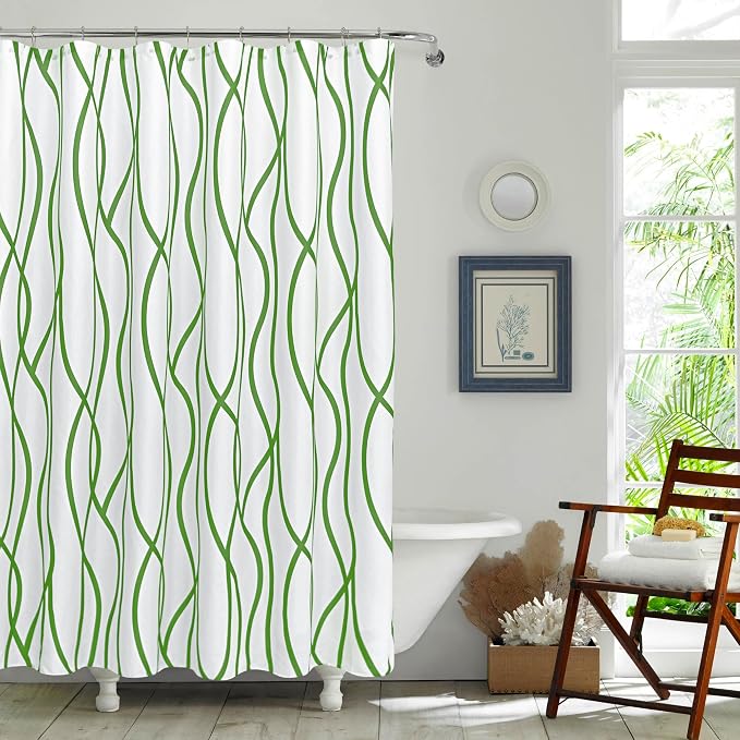 Biscaynebay Extra Long Textured Fabric Shower Curtain 72 W x 84 L, Sage Printed Striped Linen Modern Hotel Luxury Quality Cloth Bathroom Curtains Machine Washable