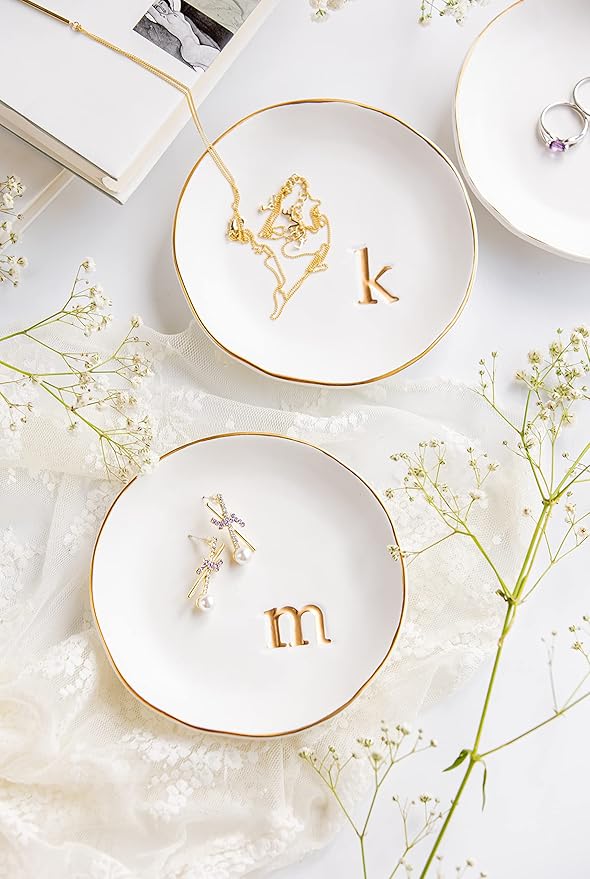 COLLECTIVE HOME Ceramic Jewelry Tray, Trinket Dish, Gifts for Women (R) | Mother's Day, Birthday, Christmas, Engagement Gifts, Vanity, Nightstand Decor, Embossed Gold Monogram Ring Dish with Gift Box