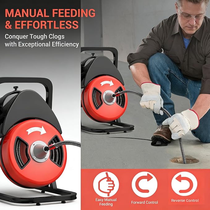 50FTx1/2 Inch Drain Cleaner Machine with Wheels, Sewer Snake Electric Drain | Plumbing Snake Auger Cleaner for 2" to 4" Pipes with 6 Cutter & Foot Switch for Sewer, Sink, Toilet, Bathroom