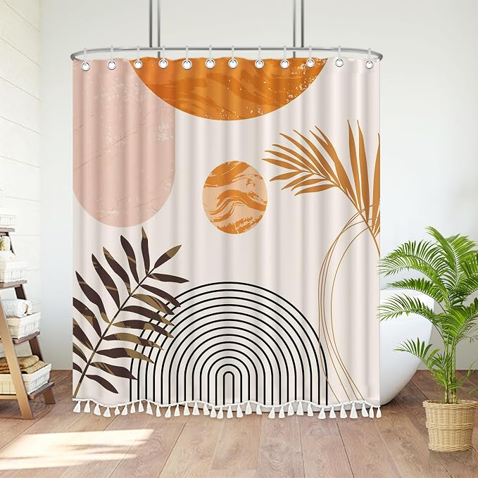 Boho Mid Century Leaf Shower Curtain Set,Arch Sun Design,Minimalistic Leaves Pattern,Waterproof and Luxurious Fabric-12 Hooks(Orange-72" x 96")